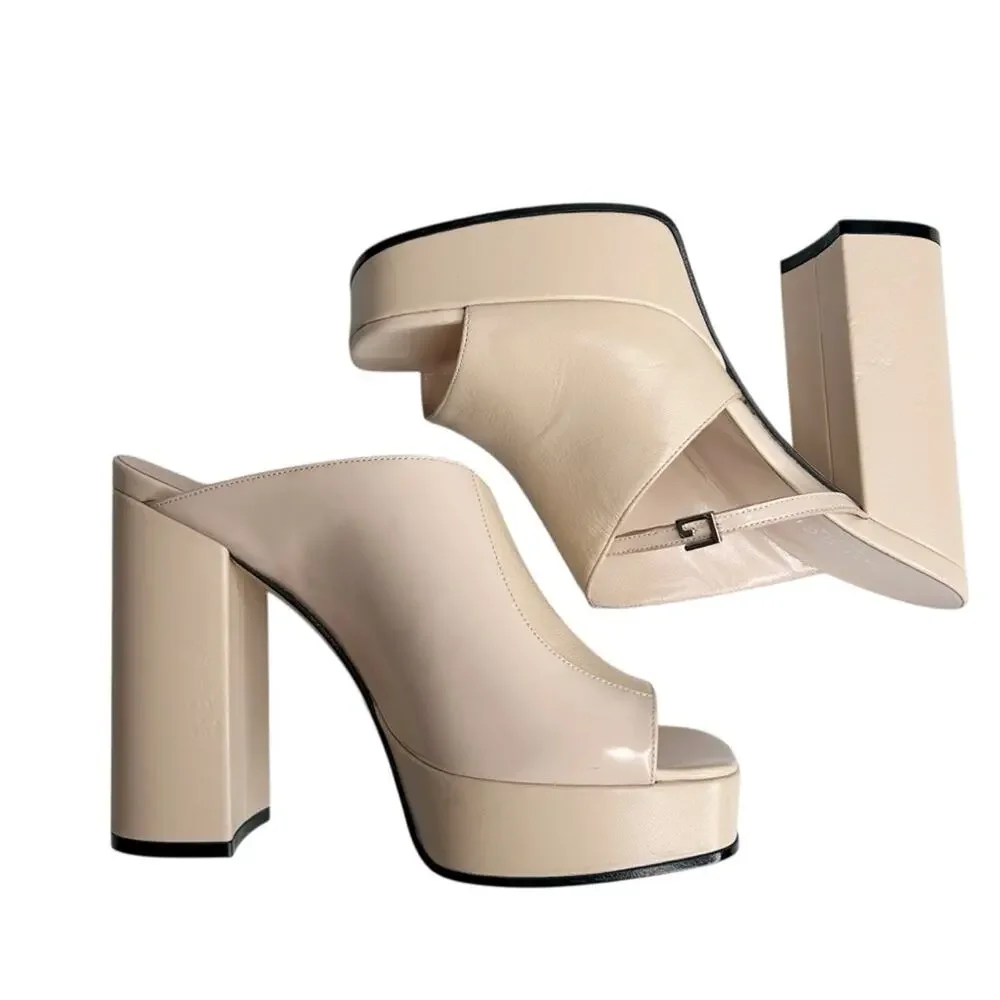 GUCCI Tiarah Block Heel Platform Open Toe Nude Mules